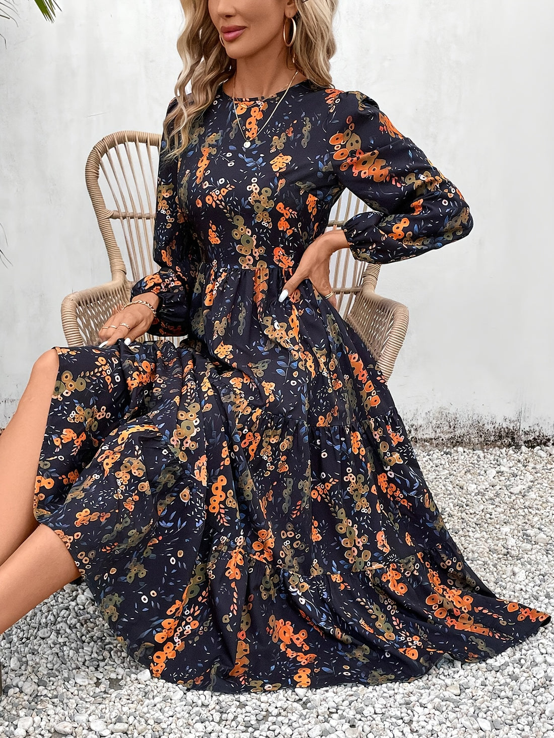 Floral Print A-Line Long Sleeve Dress for Women, Elegant Casual Dress