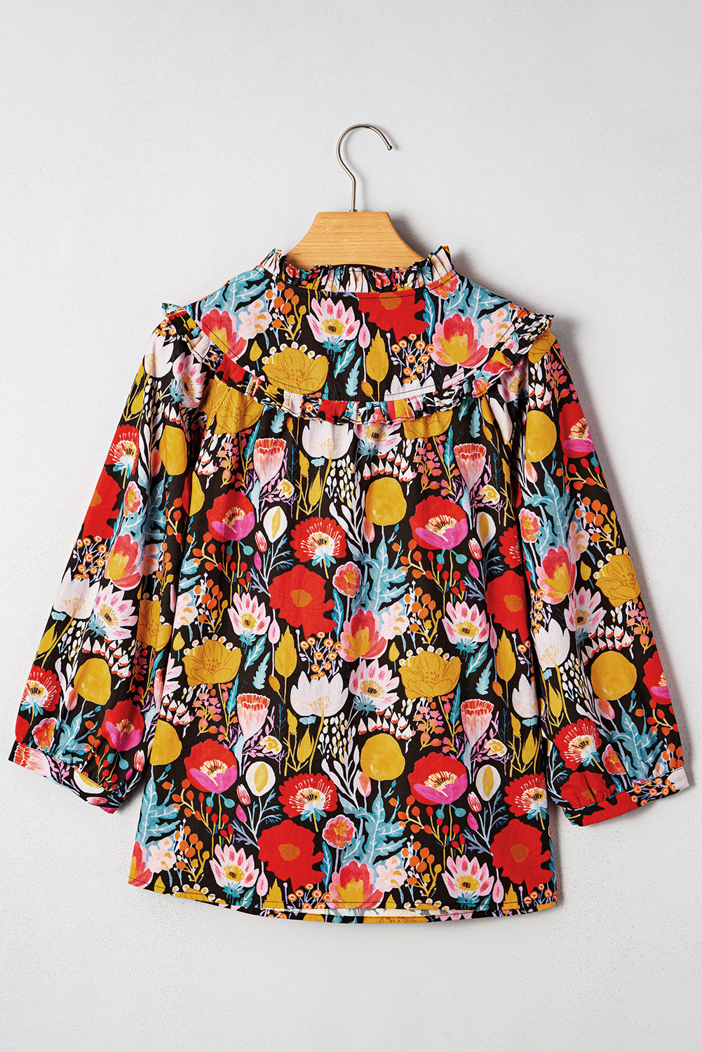 Black Floral 3/4 Puff Sleeve Tied Neck Blouse