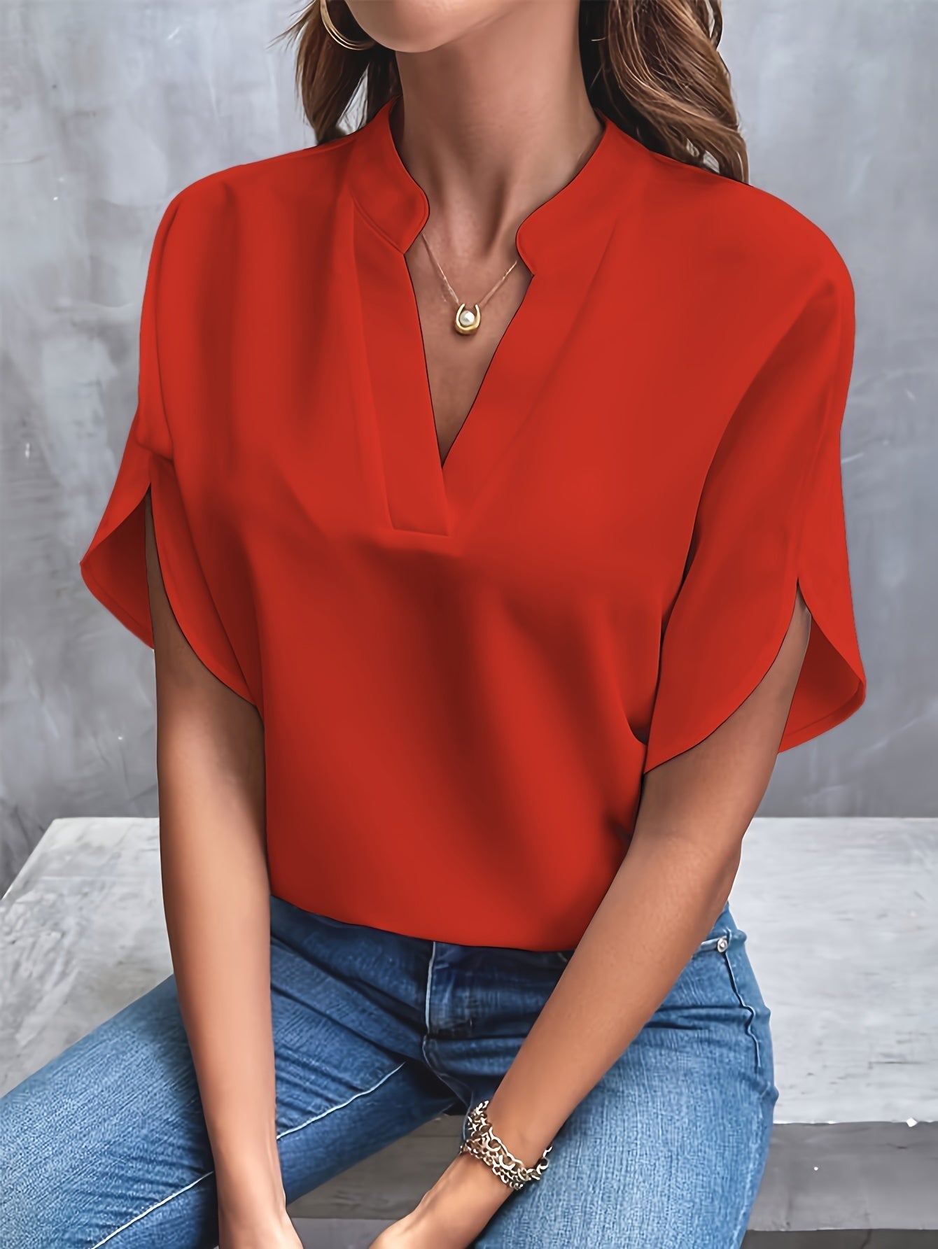 Women's Casual Notch Neck Blouse with Split Sleeves