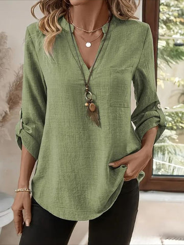 Three Quarter Sleeve Shirt Spring/Fall Apricot Plain Split Joint V Neck Daily Going Out Casual Top