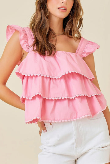 Pink Tiered Heart Trim Square Neck Flutter Top