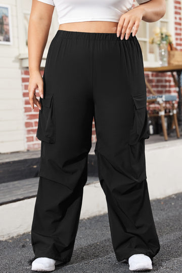 Black Plus Size Flap Pocket Elastic Waist Cargo Pants