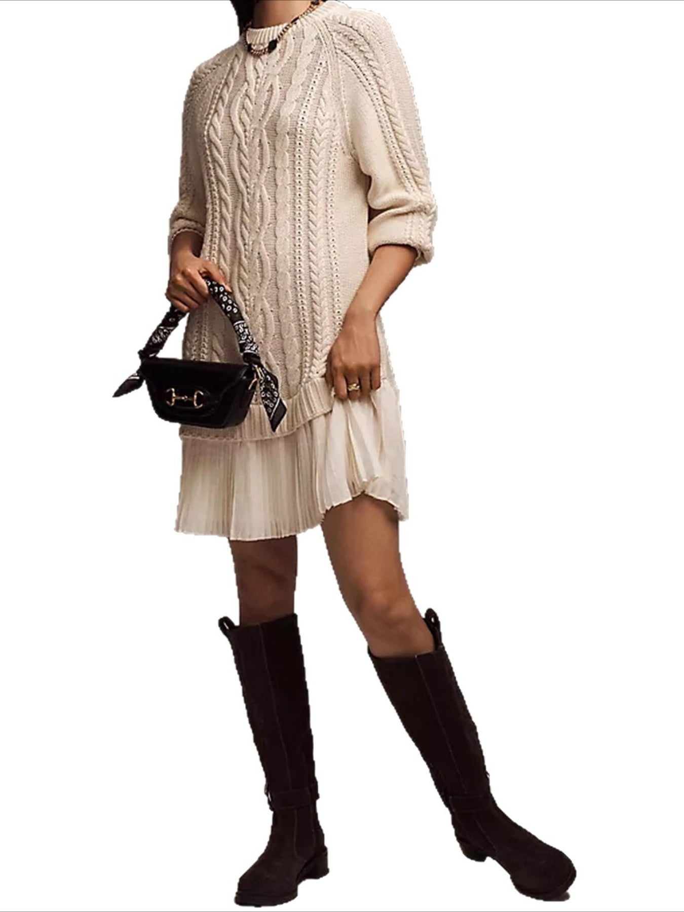 Solid Color Long Sleeve Round Neck 2 Pices Sweater Mini Dress