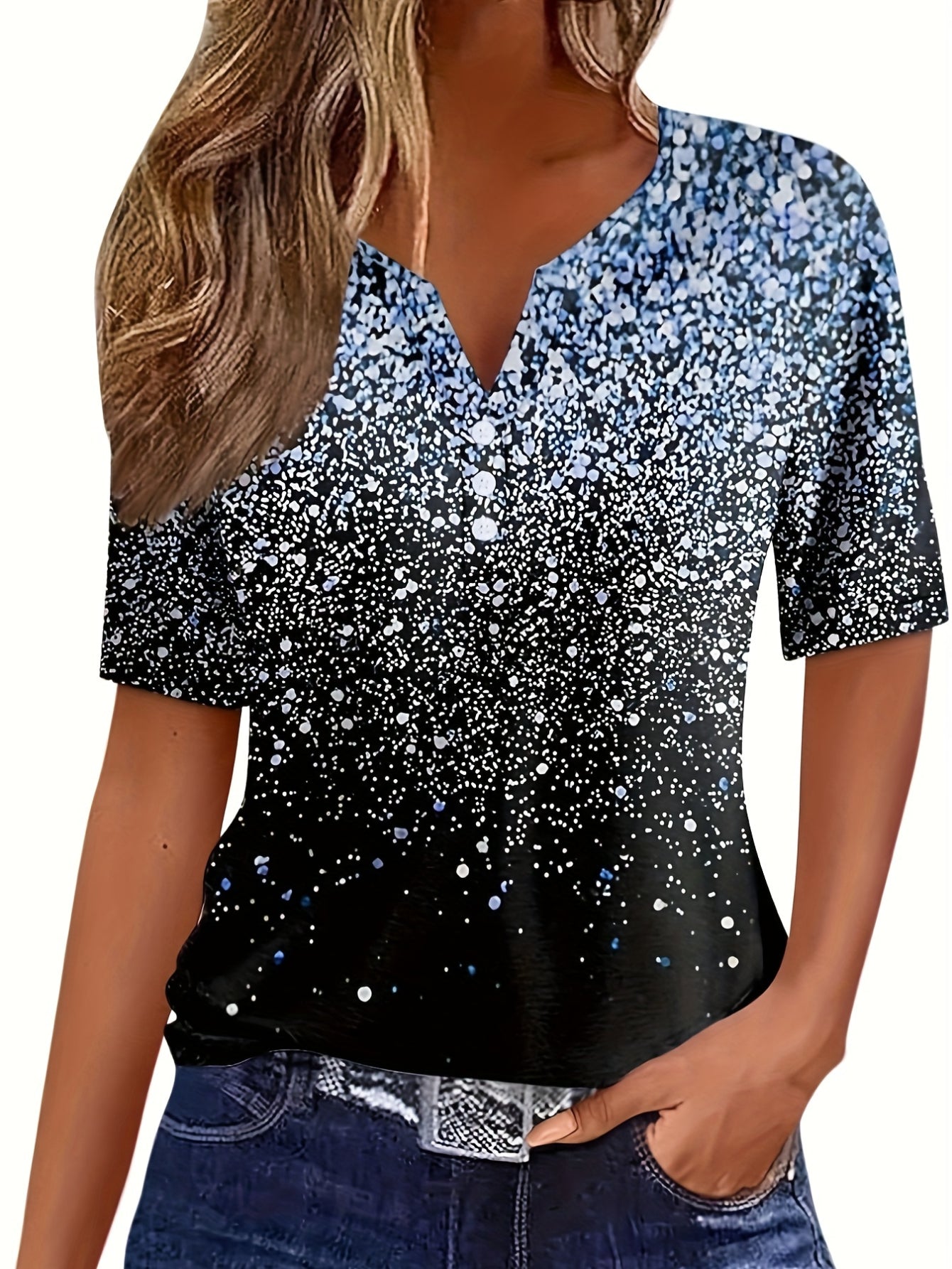 Graphic Print Notched Neck T-Shirt, Casual Short Sleeve Button Front T-Shirt