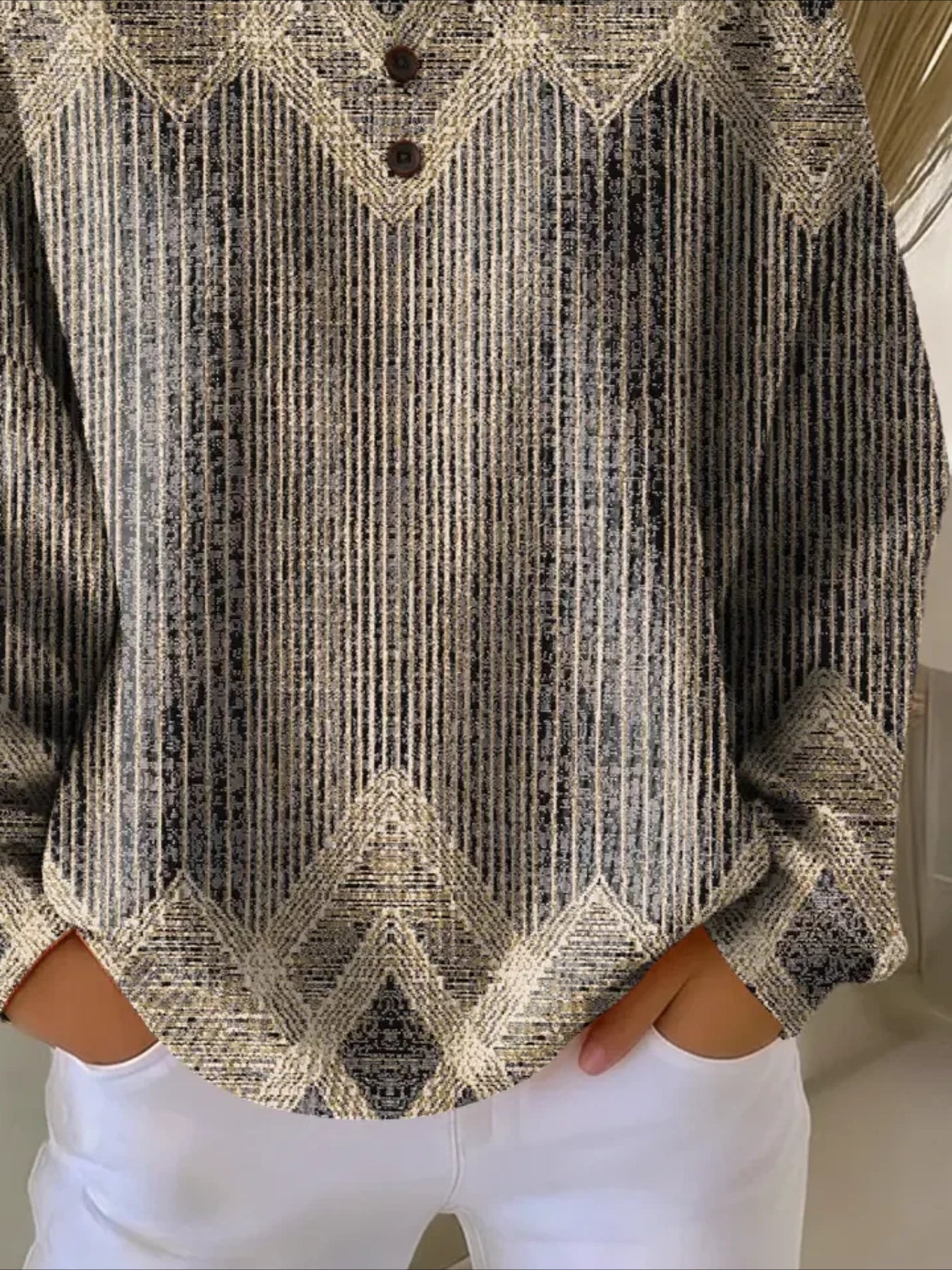 Line Ribbed V Neck Braided Print Long Sleeve Regular Sweatshirt
