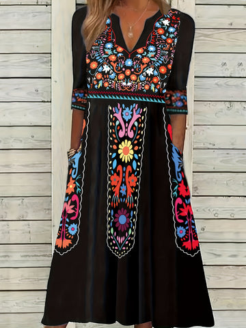 Ethnic Print Dual Pockets Dress, Casual Half Sleeve V-neck Dress