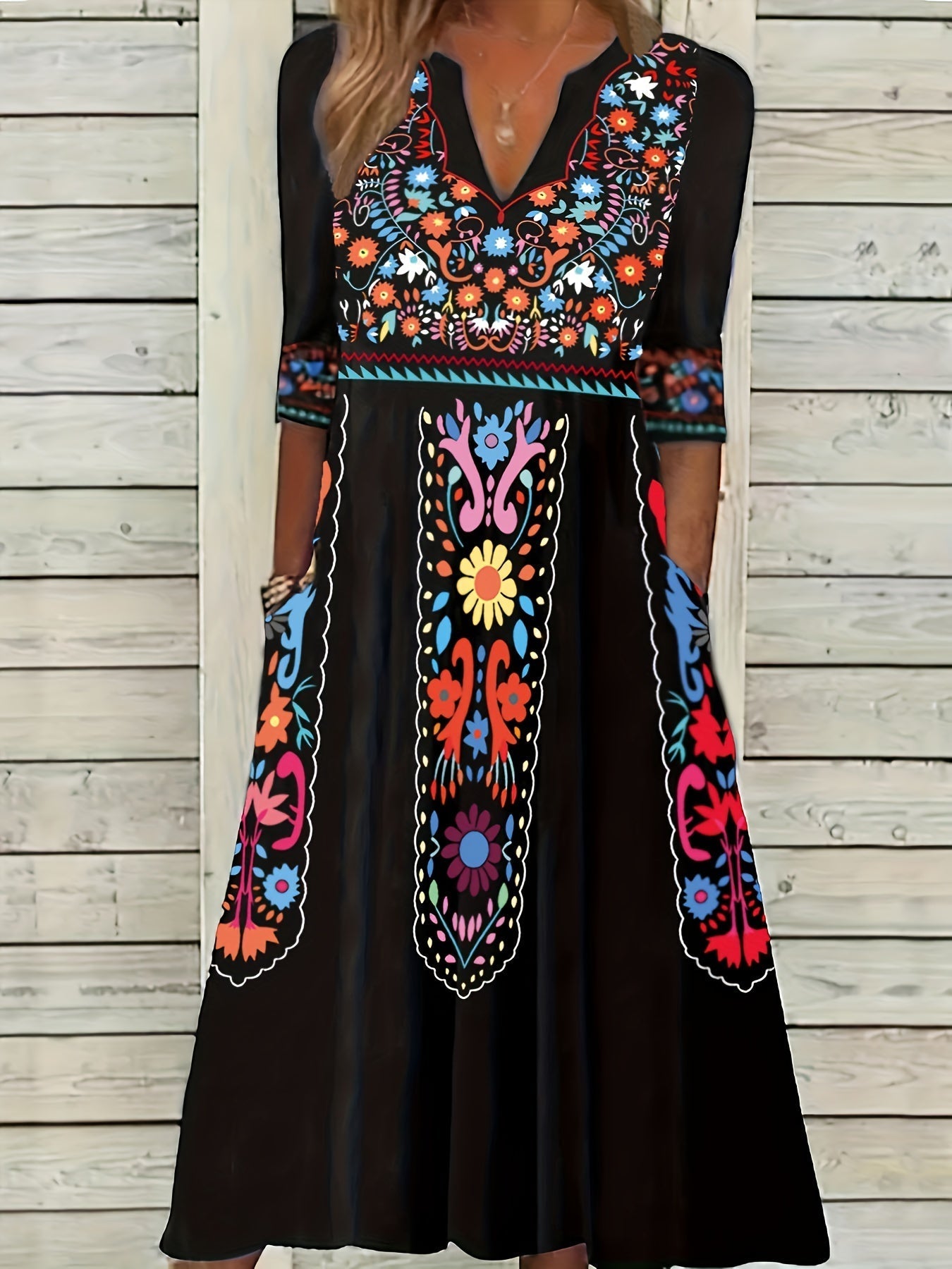 Ethnic Print Dual Pockets Dress, Casual Half Sleeve V-neck Dress