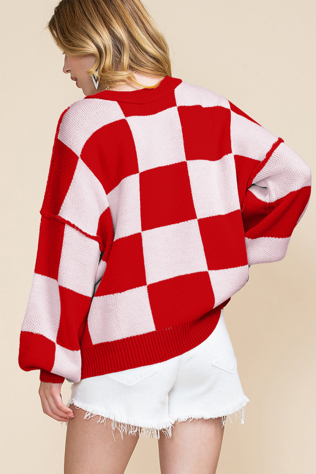 Fiery Red Checkered Bishop Sleeve Sweater