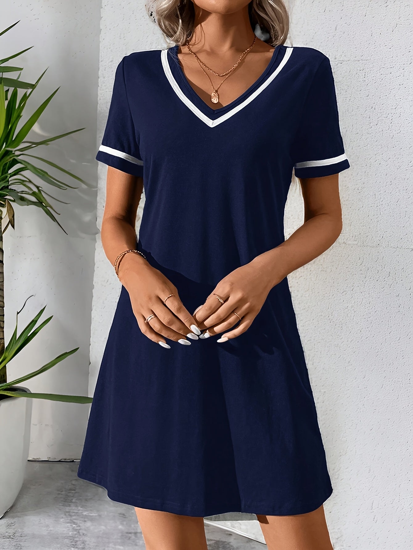 Women's Color Block Knit Dress - V-Neck, Braided Detail