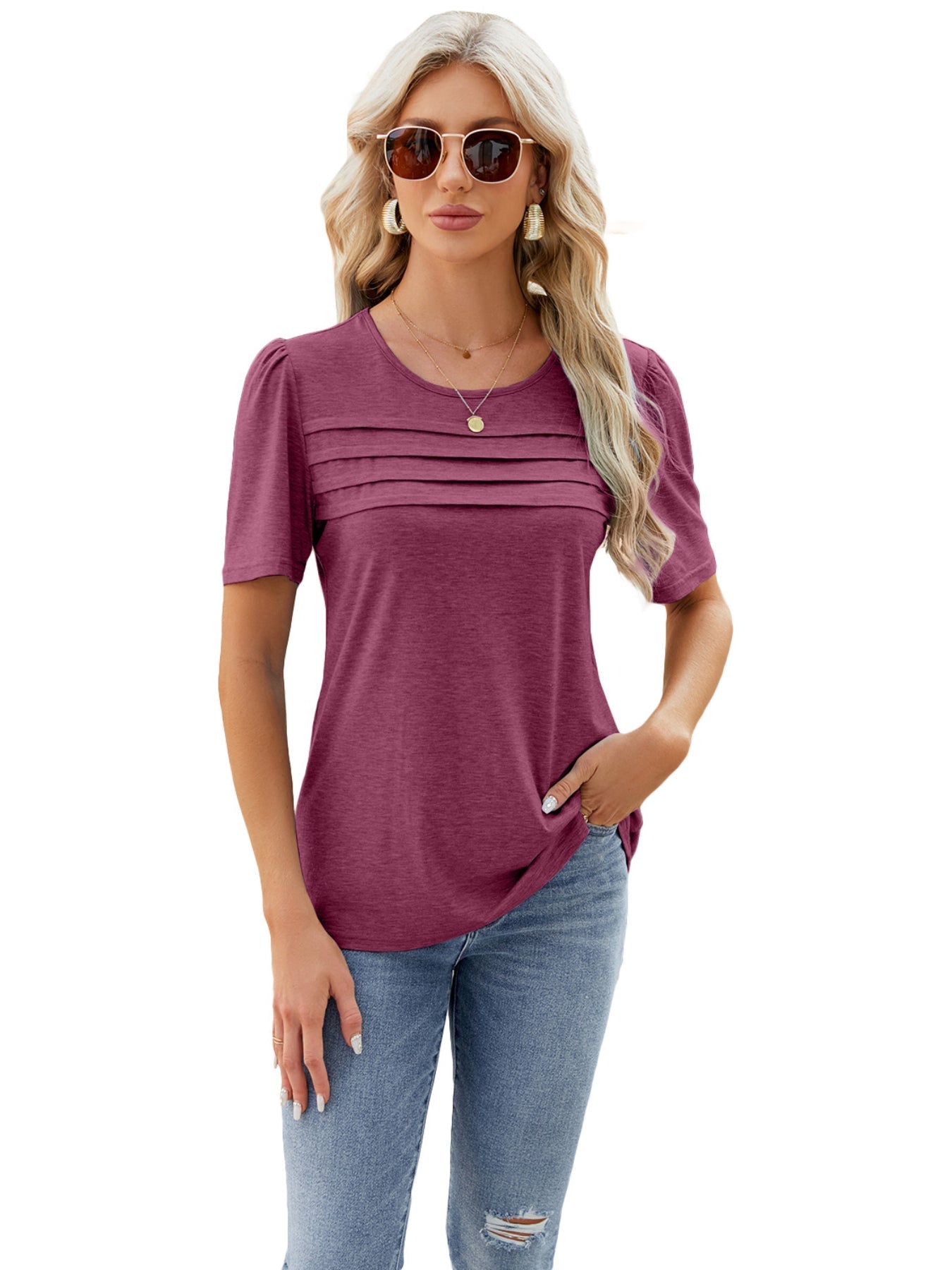 Solid Crew Neck T-shirt, Casual Short Sleeve Ruched Top