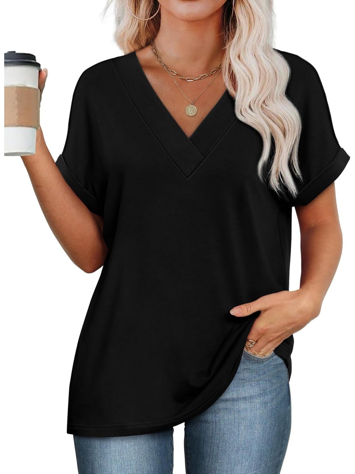 Solid Color V Neck Short Dolman Sleeve Shirts