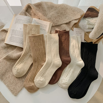 2/6 Pairs Thick & Warm Cream Color Socks, Retro Art Pattern Mid Tube Socks