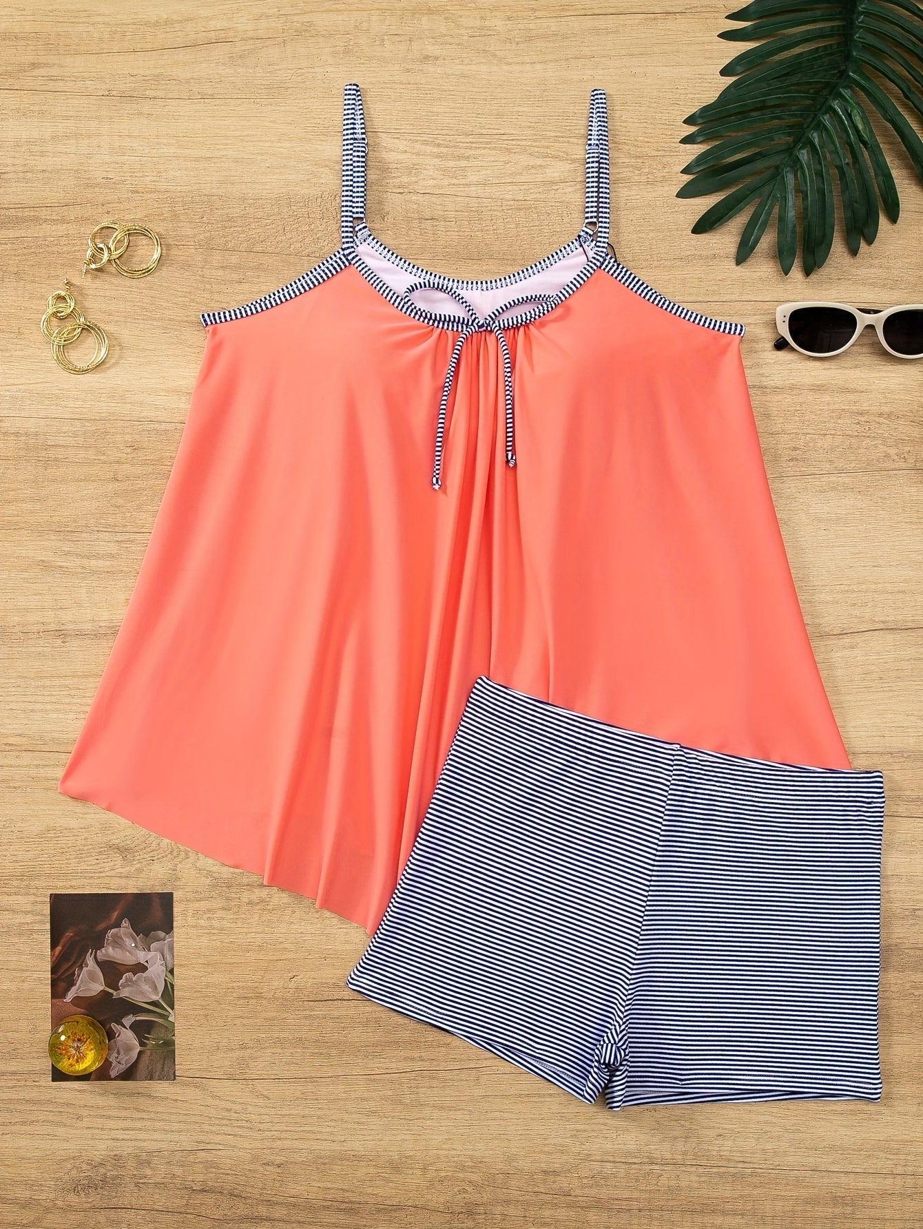 Women's Striped Spaghetti Strap Tankini Swimsuit Set, Two-Piece Swimwear With Boxer Short Bottom, Beachwear