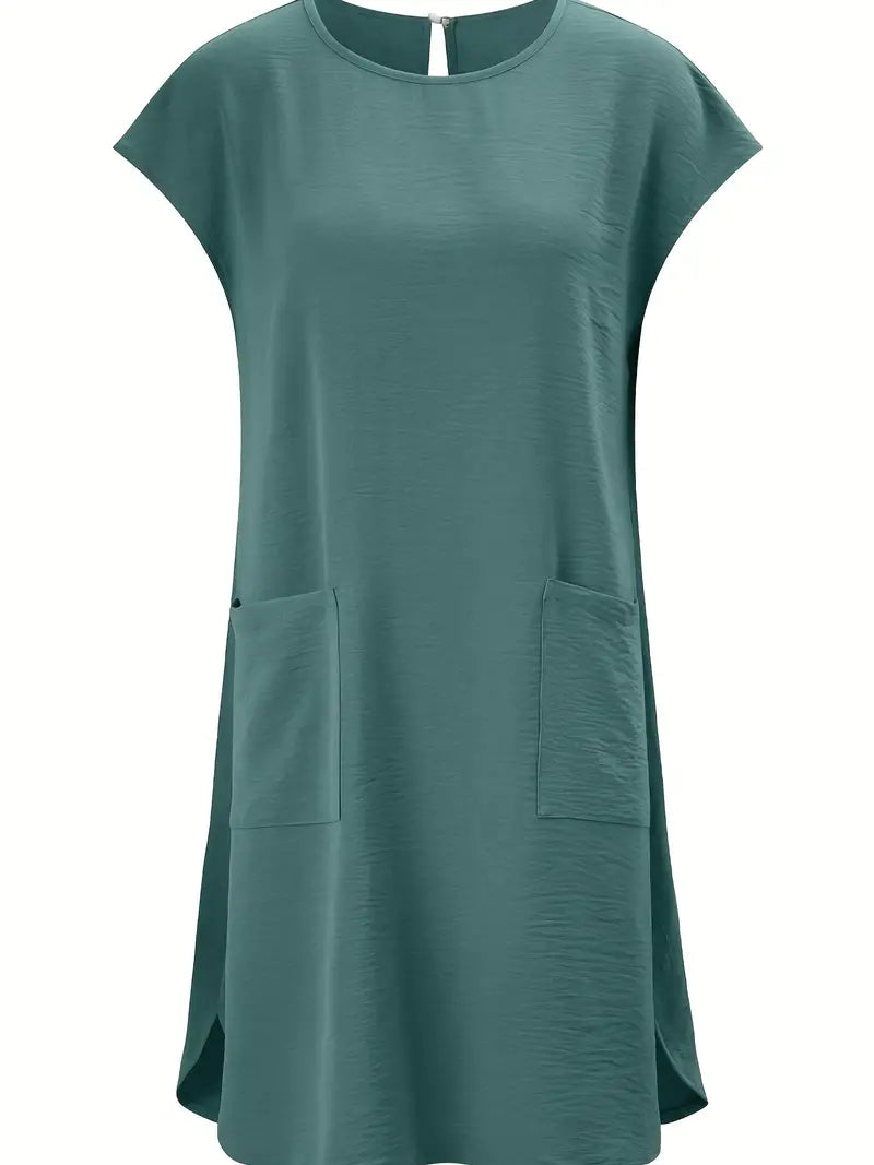 Dual Pockets Crew Neck Dress, Casual Short Sleeve Dress
