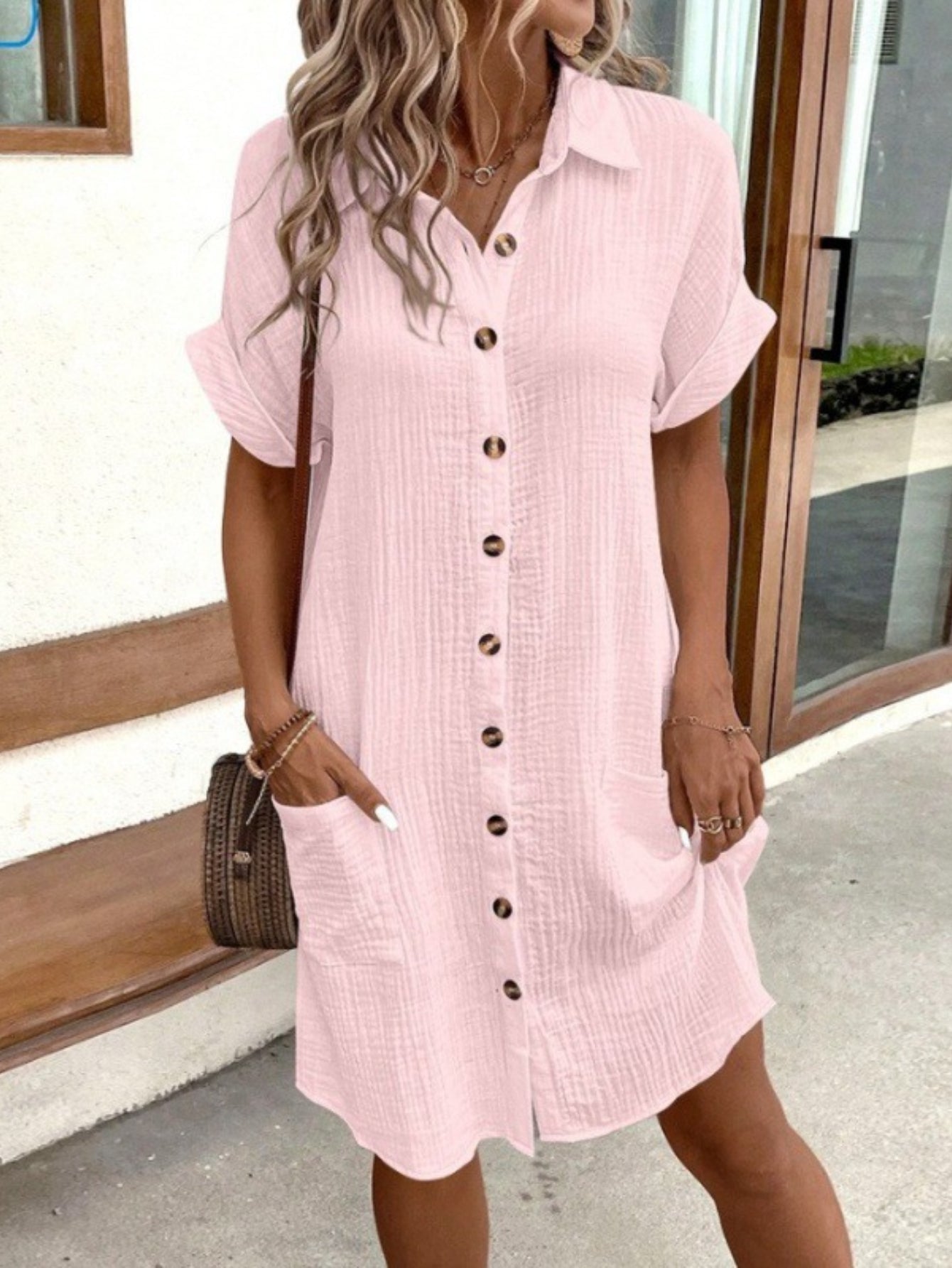 Women's summer new casual solid color single breasted medium long short sleeve loose casual dress