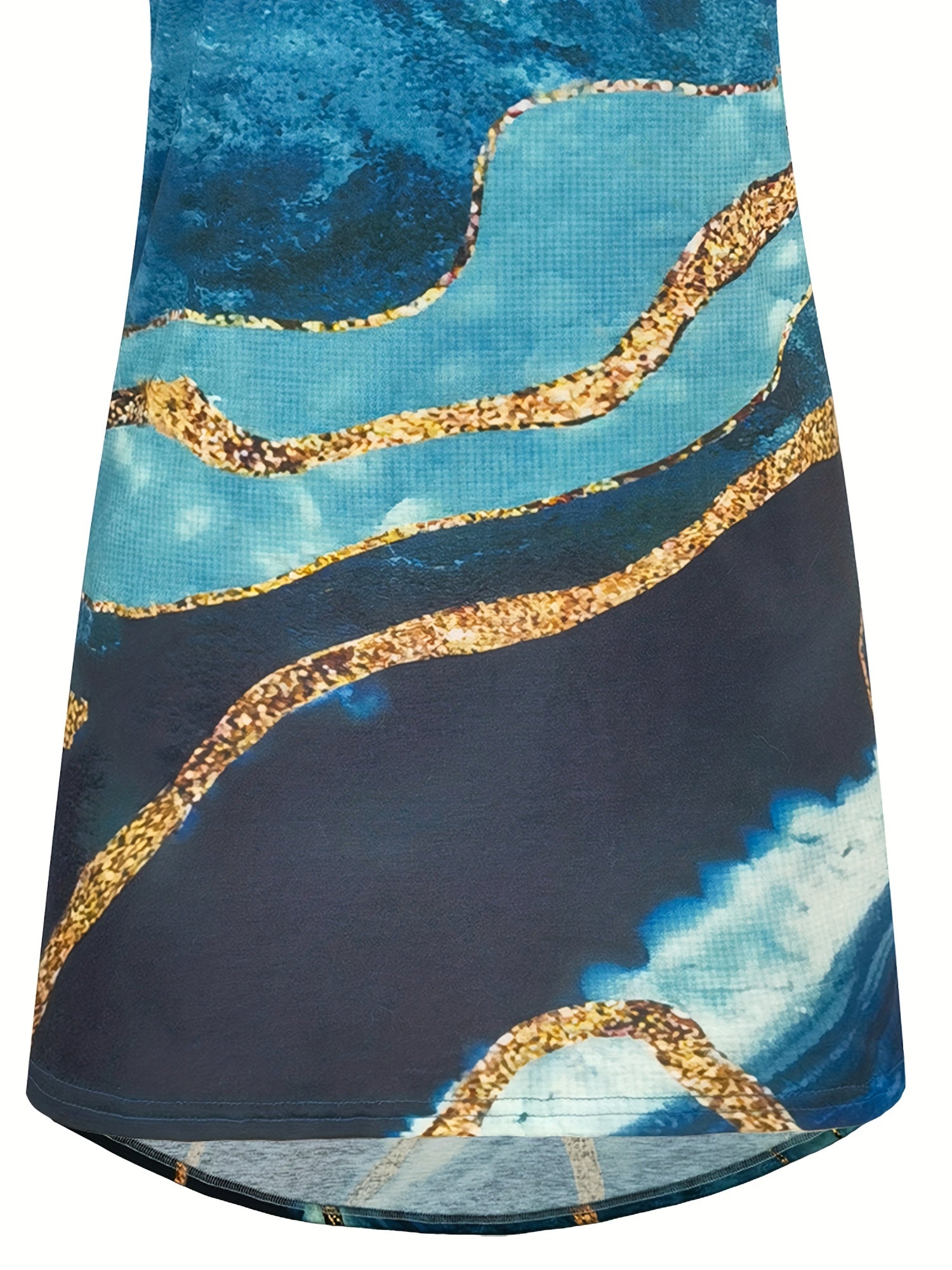 Marble Print Crew Neck T-shirt, Casual Short Sleeve Summer Mid Length T-shirt