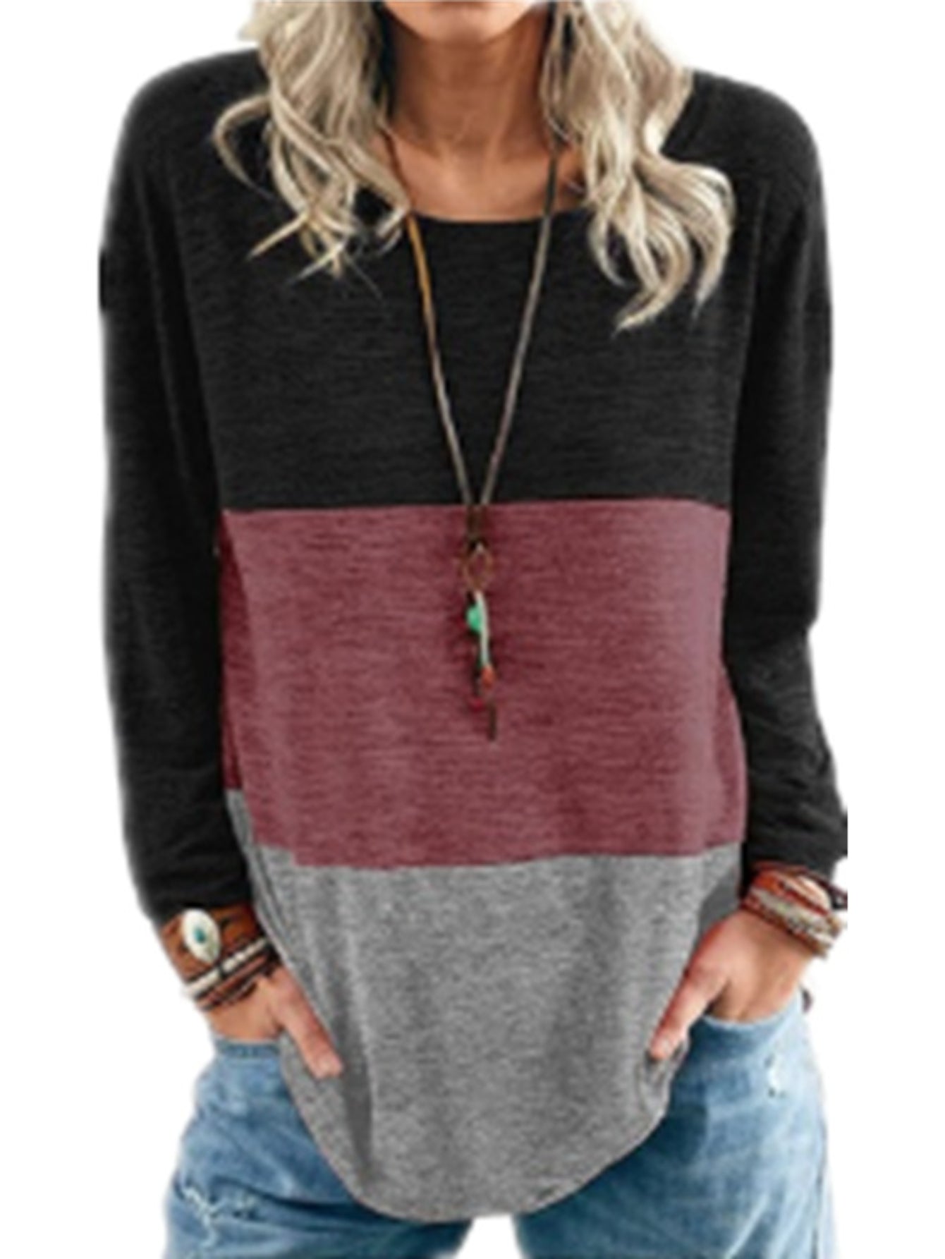 Women's Colorblock Long Sleeve Round Neck Medium Stretch Top