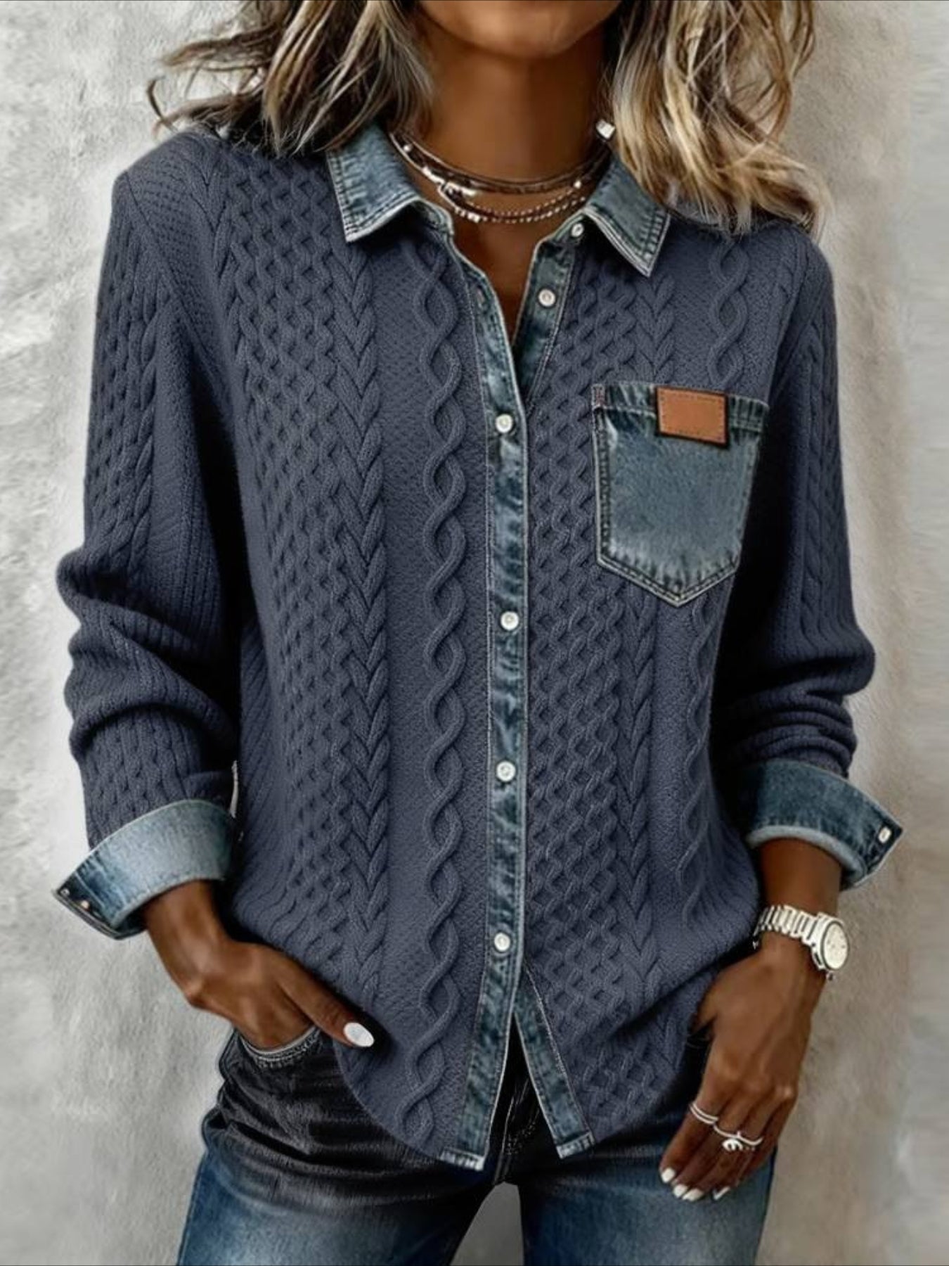 Multicolor Block Denim Patchwork Elegant Loose Shawl Collar Cardigan