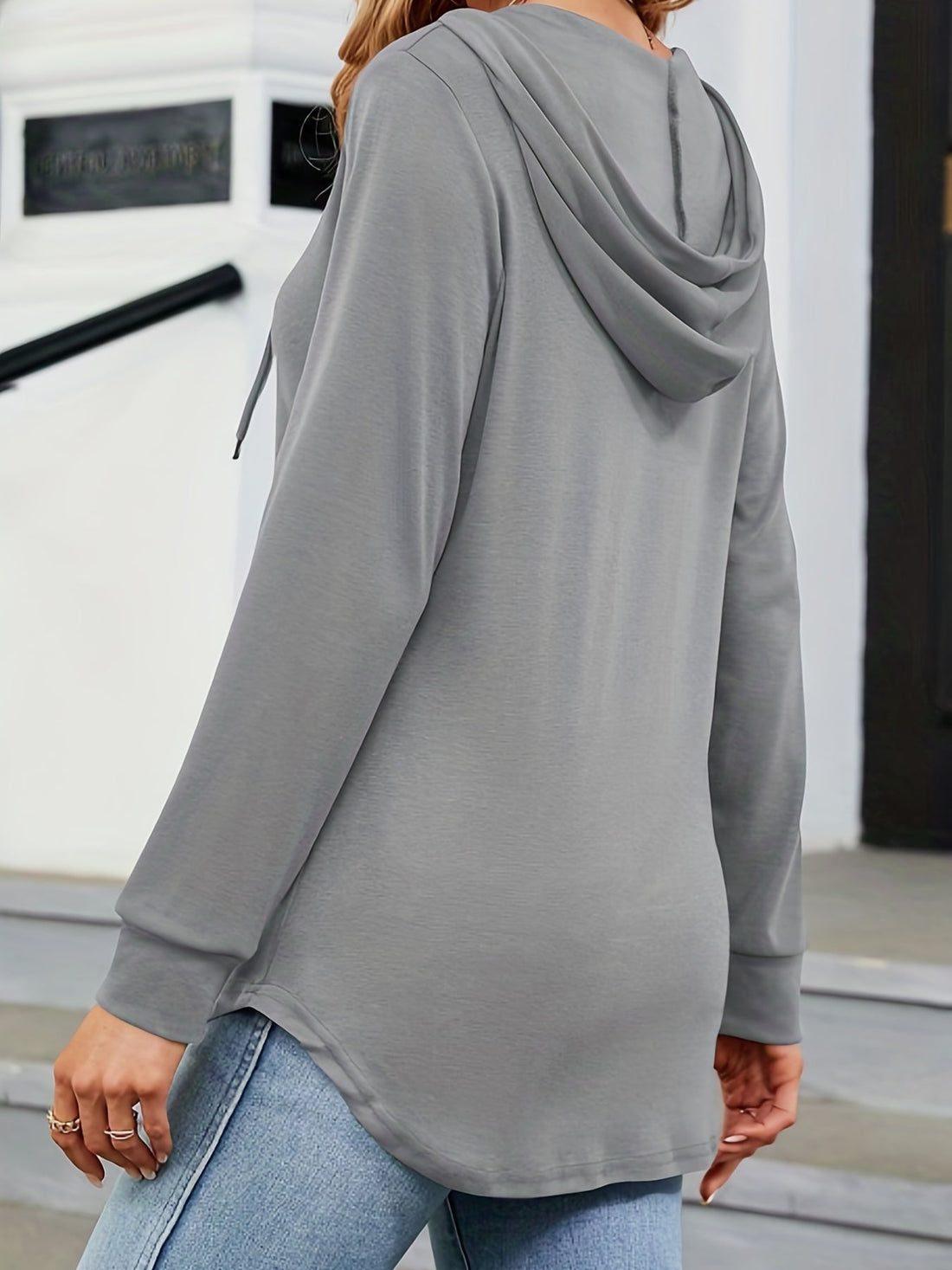 Solid Color Drawstring Button Hoodie, Casual Long Sleeve Hoodie Sweatshirt