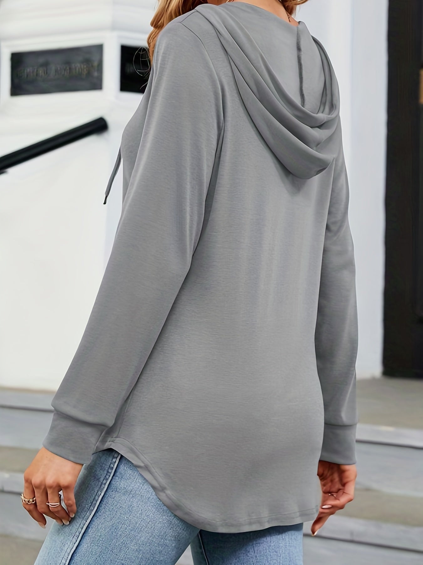 Solid Color Drawstring Button Hoodie, Casual Long Sleeve Hoodie Sweatshirt