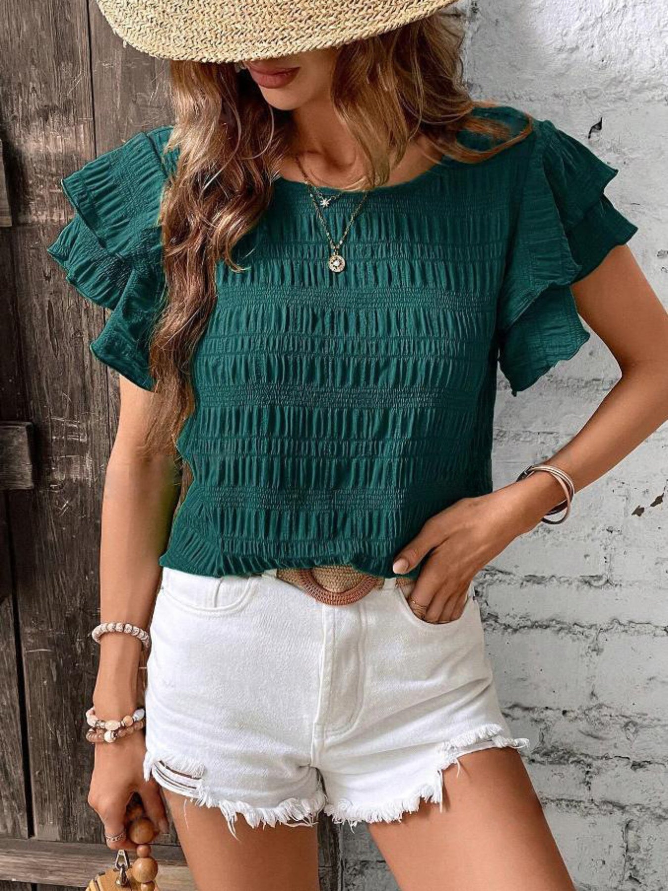 Textured Butterfly Sleeve Blouse, Elegant Solid Color Crew Neck Top