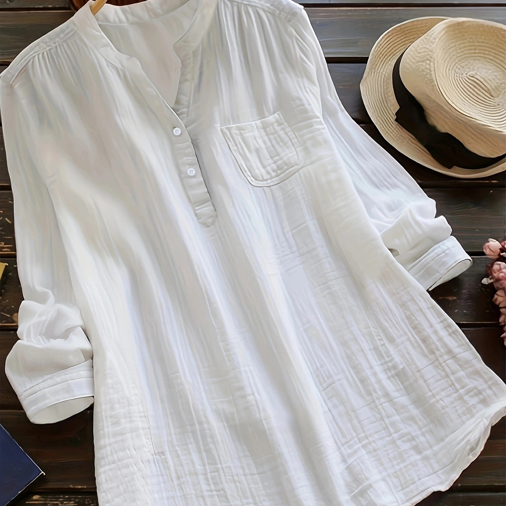 Solid Button Front Blouse, Casual V Neck Long Sleeve Blouse