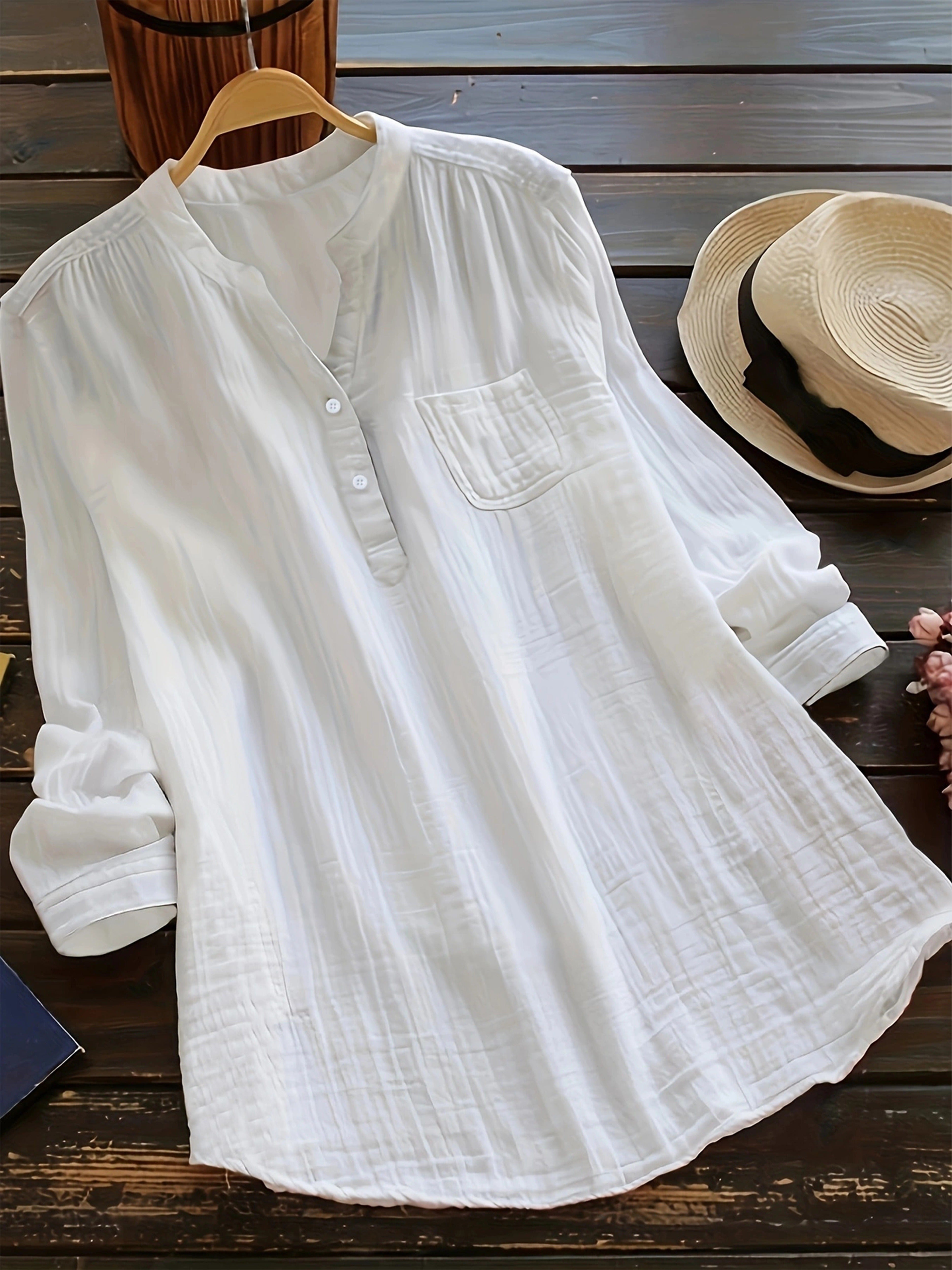 Solid Button Front Blouse, Casual V Neck Long Sleeve Blouse
