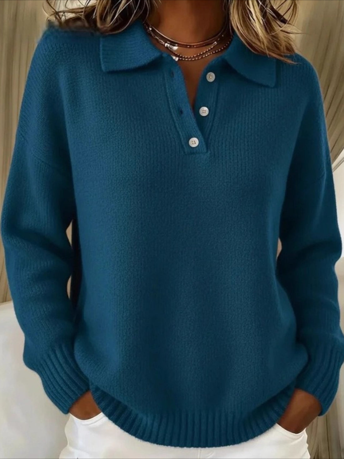 Classic Polo Neck Button-Down Solid Color Sweater Top