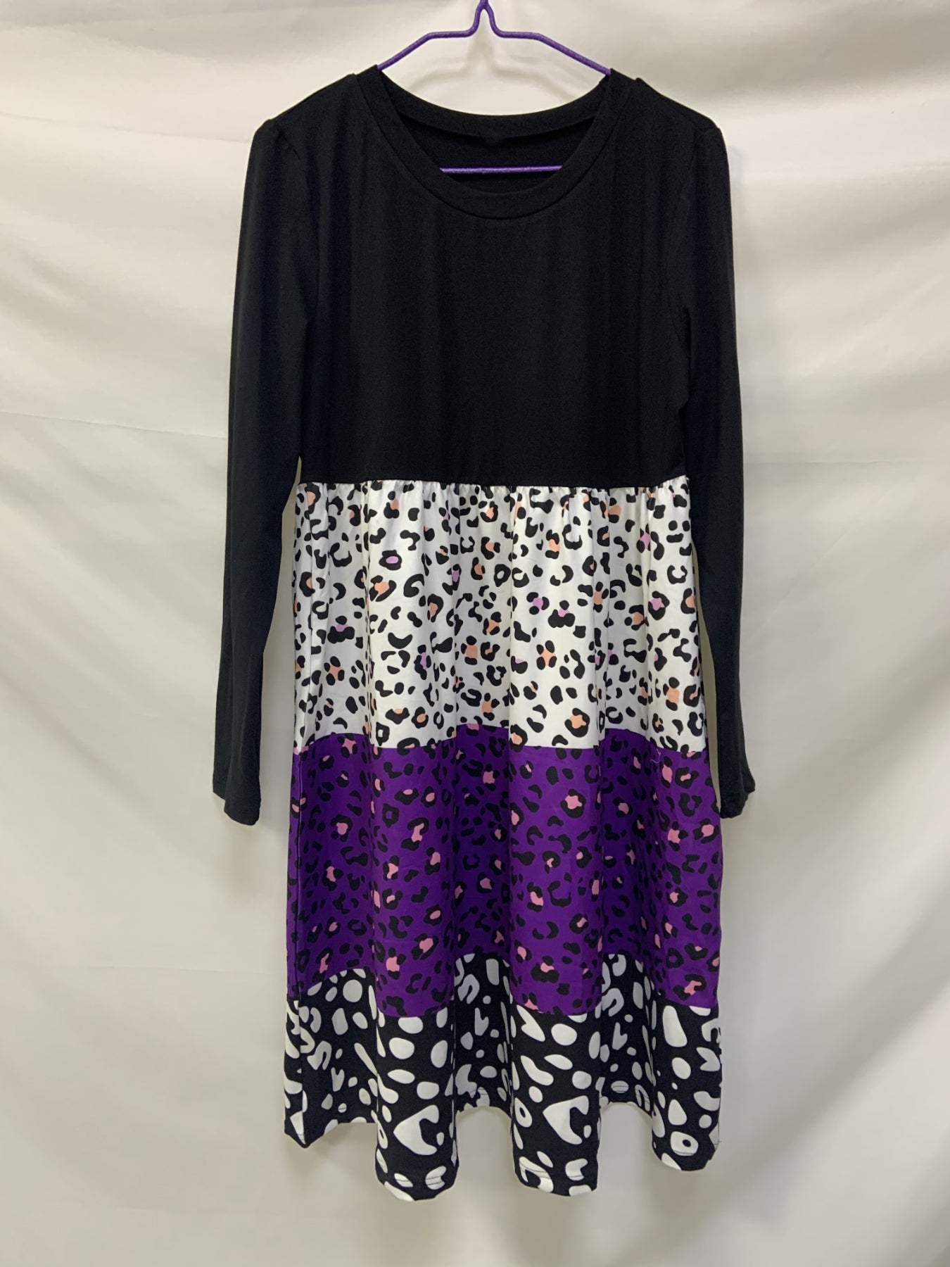 Leopard Print Color Block Dress, Casual Crew Neck Long Sleeve Dress