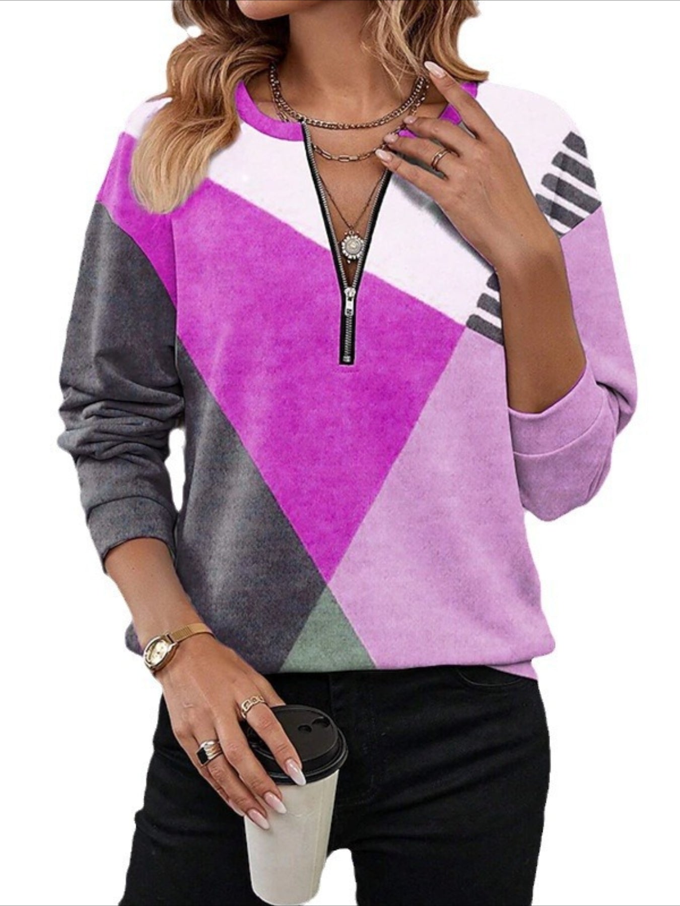 Vibrant Color Block Zipper Sweatshirt - Fashion Sweatshirts