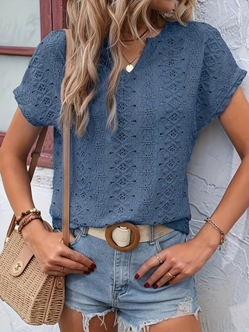 Textured Eyelet Notched Neck T-shirt, Casual Short Sleeve Top