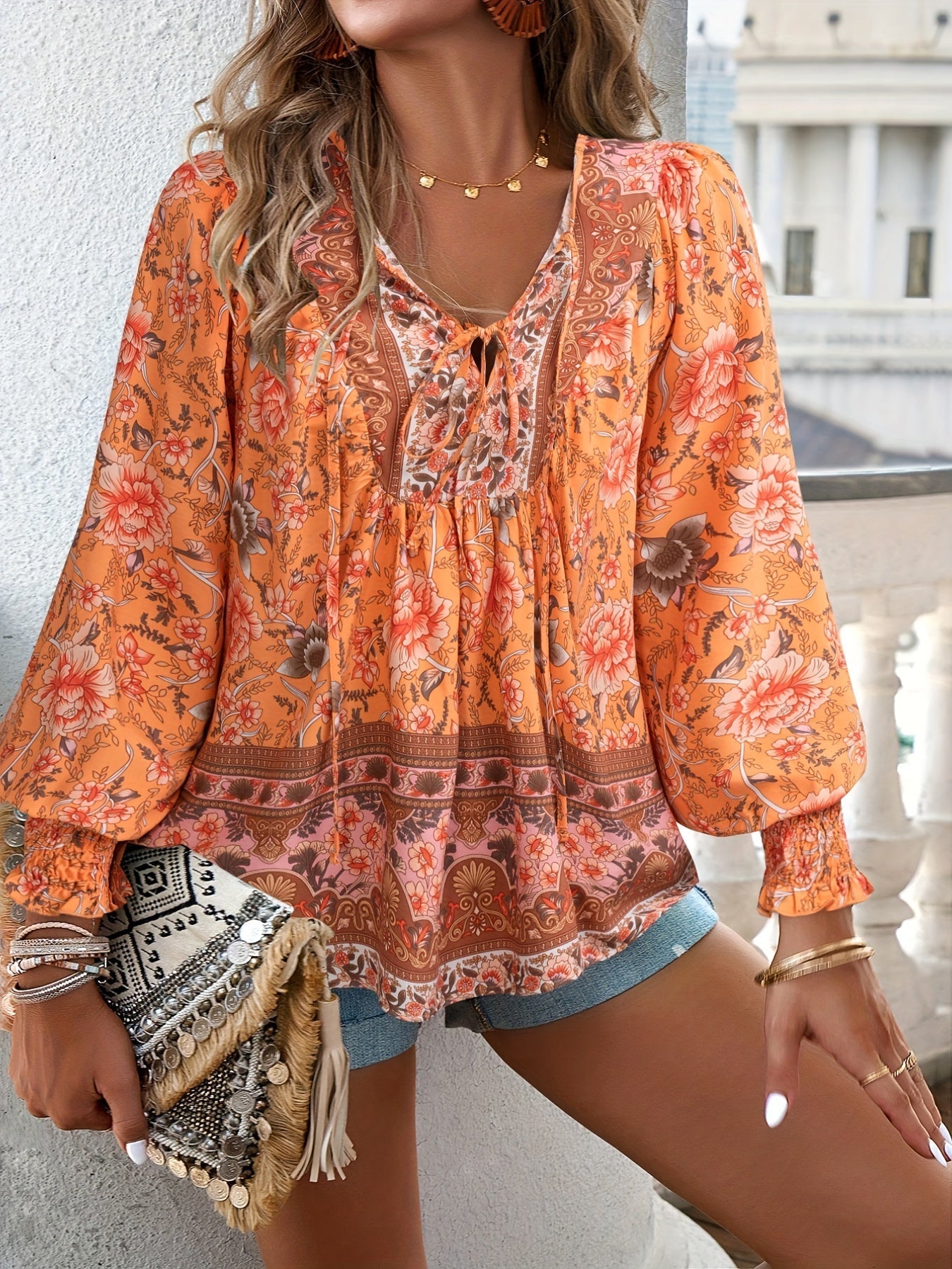 Drawstring Long Sleeve Casual Floral Print V Neck Blouse