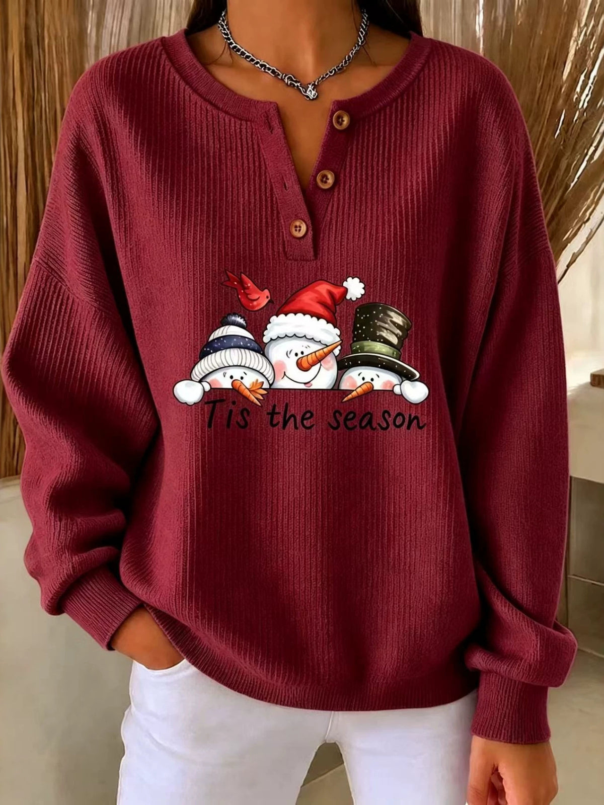 Christmas Themed Snowman Graphic Ribbed Henley Sweatshirt