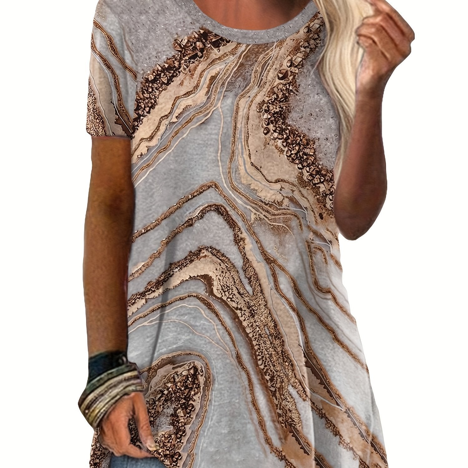Marble Print Crew Neck T-shirt, Casual Short Sleeve Summer Mid Length T-shirt