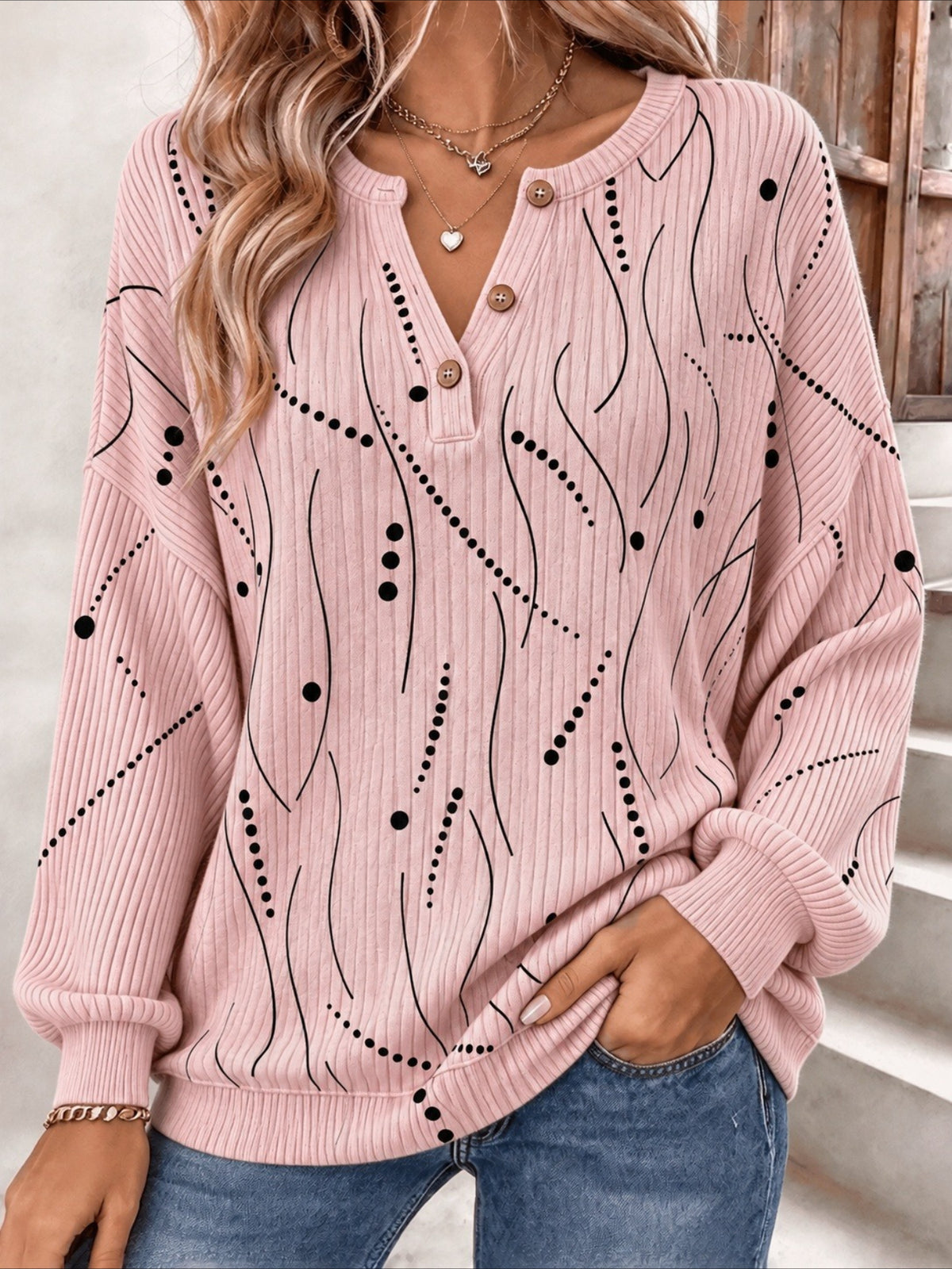 Regular Fit Casual Henley Collar Abstract Stripes Sweatshirt