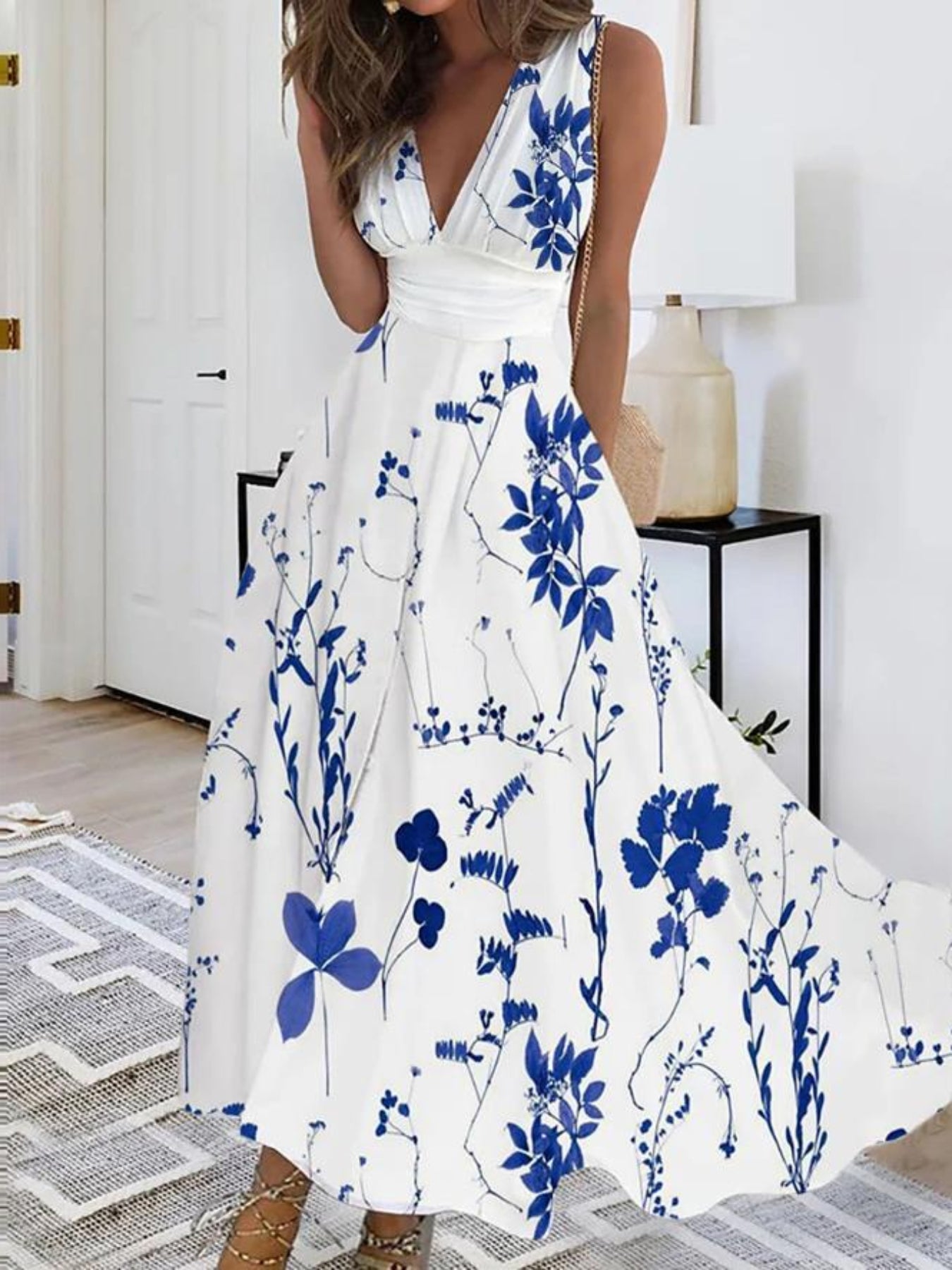 Floral Print Plunging Sleeveless Midi Dress - Women's Casual High Waist Clothing
