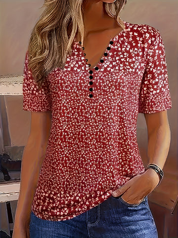 Allover Print Button Front V Neck Blouse, Casual Short Sleeve Top