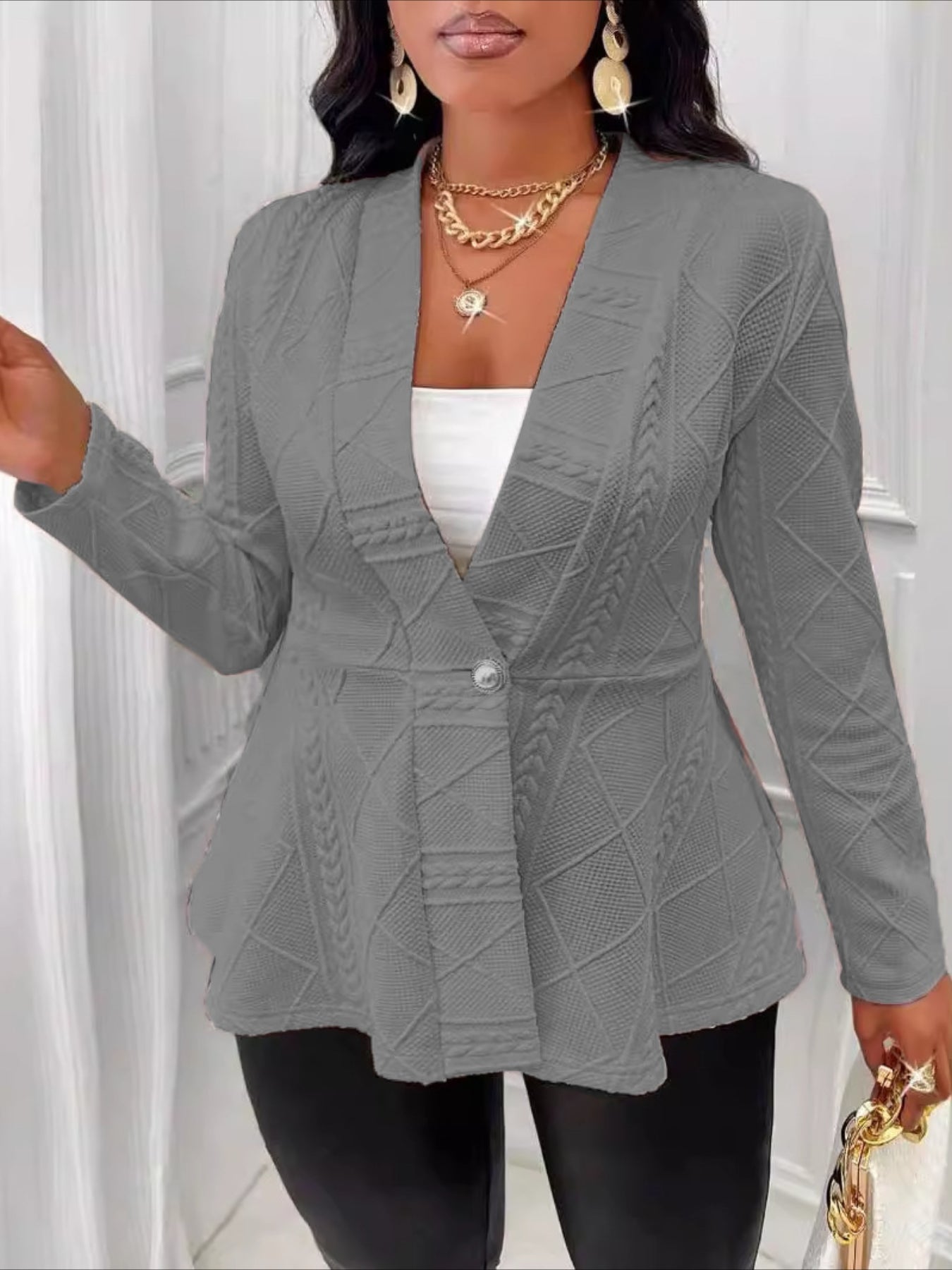 Chic Single-Button Blazer - Tailored Fit with Ruffle Hem Detail, Elegant Long Sleeve