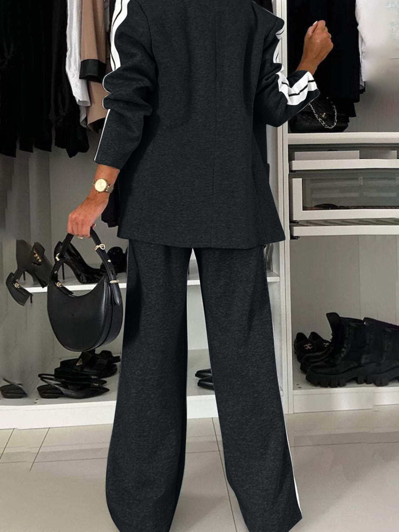 Full Size Contrast Lapel Collar Top and Pants Set