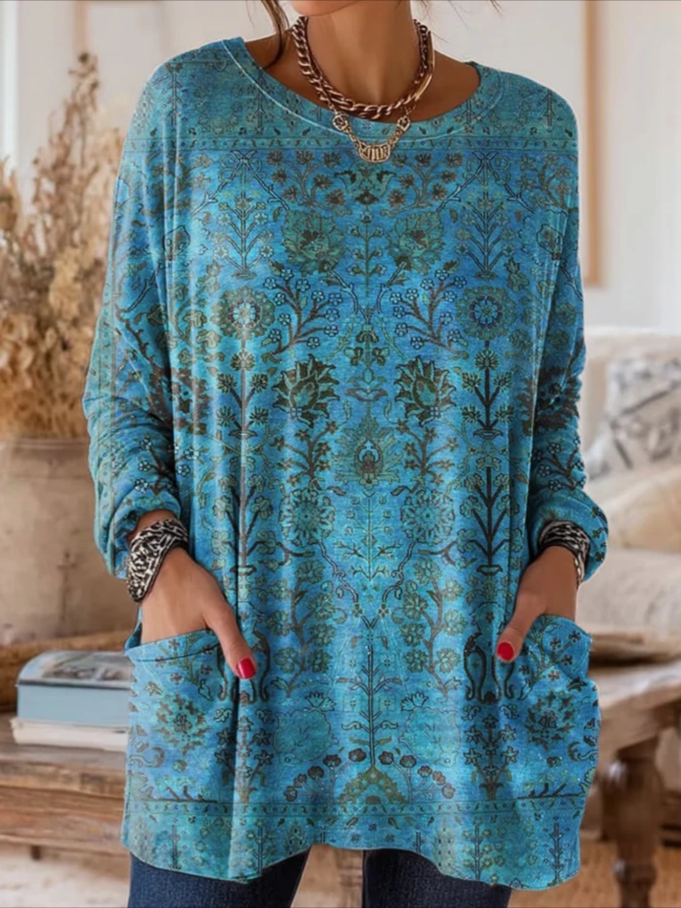 Floral Long Sleeve Crew Neck Printing Vintage Spring/Fall Top