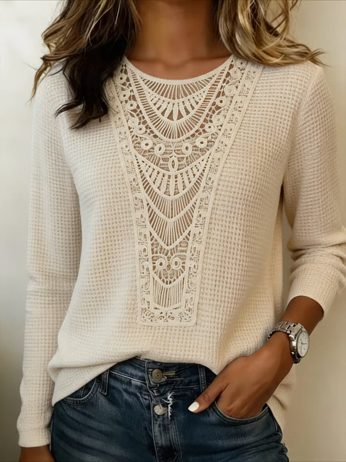 Pineapple Checked Lace Splicing Long Sleeve Solid Color T-shirt