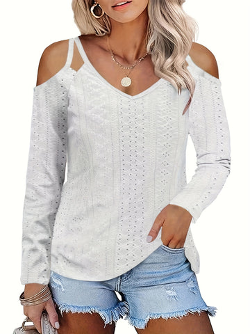 Casual Top, Women's Solid Eyelet Embroidered Cut Out Cold Shoulder Long Sleeve V Neck Top