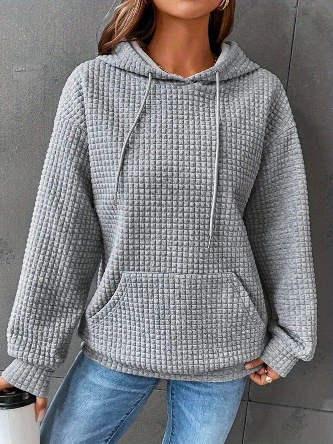 Waffle Grid Kangaroo Pocket Hoodie, Casual Long Sleeve Drawstring Hoodies Sweatshirt