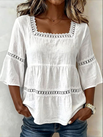 3/4-Length Bell Sleeves Square-Neck Lace-Panel Blouse