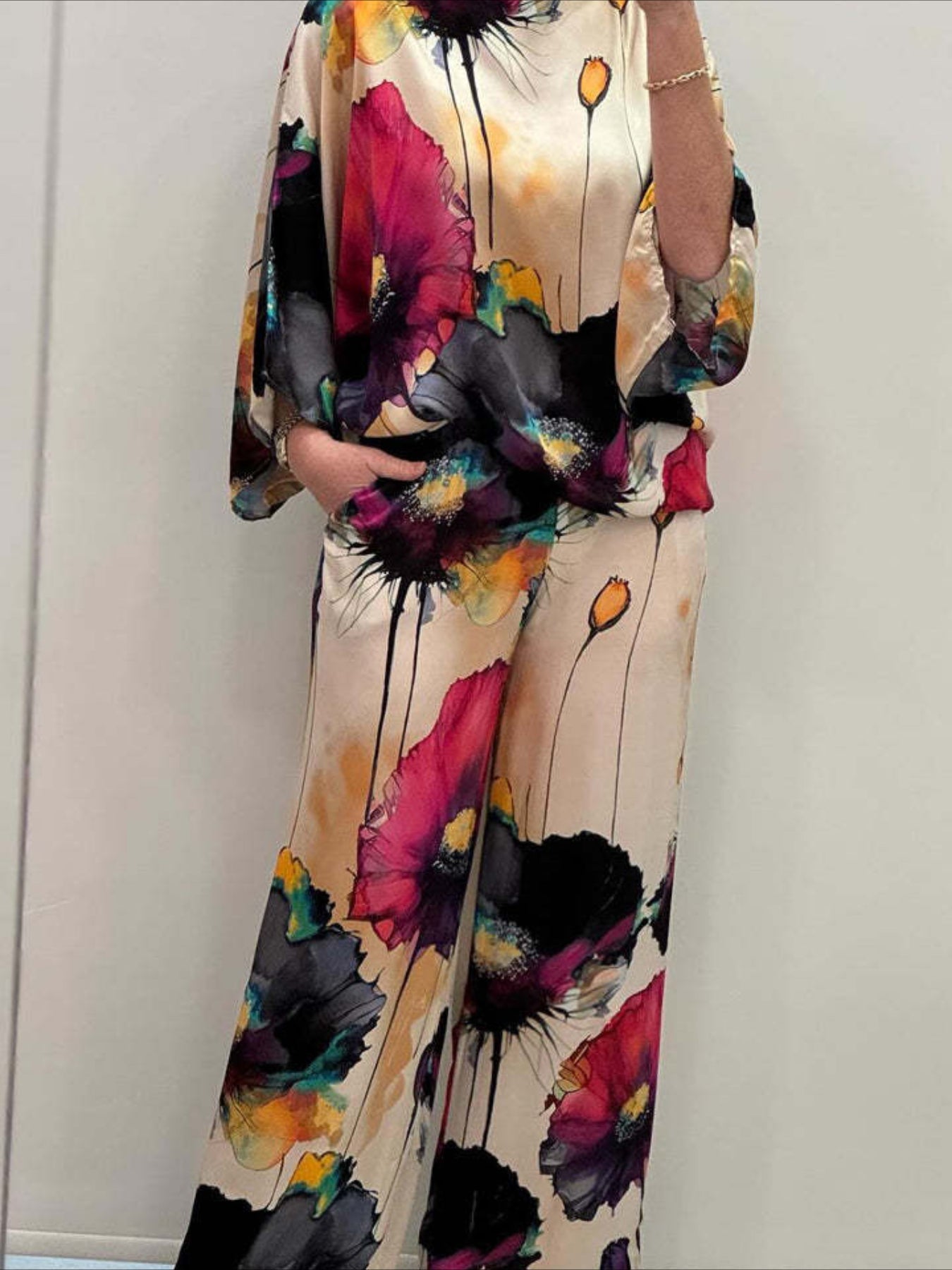 2 Pieces 3/4 Length Sleeve Crew Neck Floral Print Casual Pants Sets