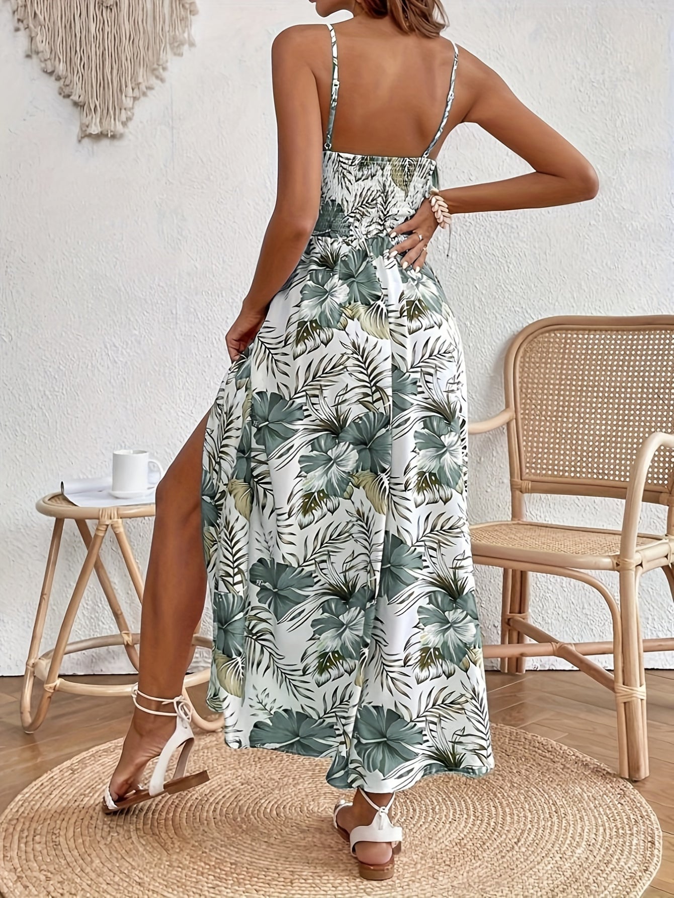 Floral Print Spaghetti Strap Elegant Sleeveless Split Dress