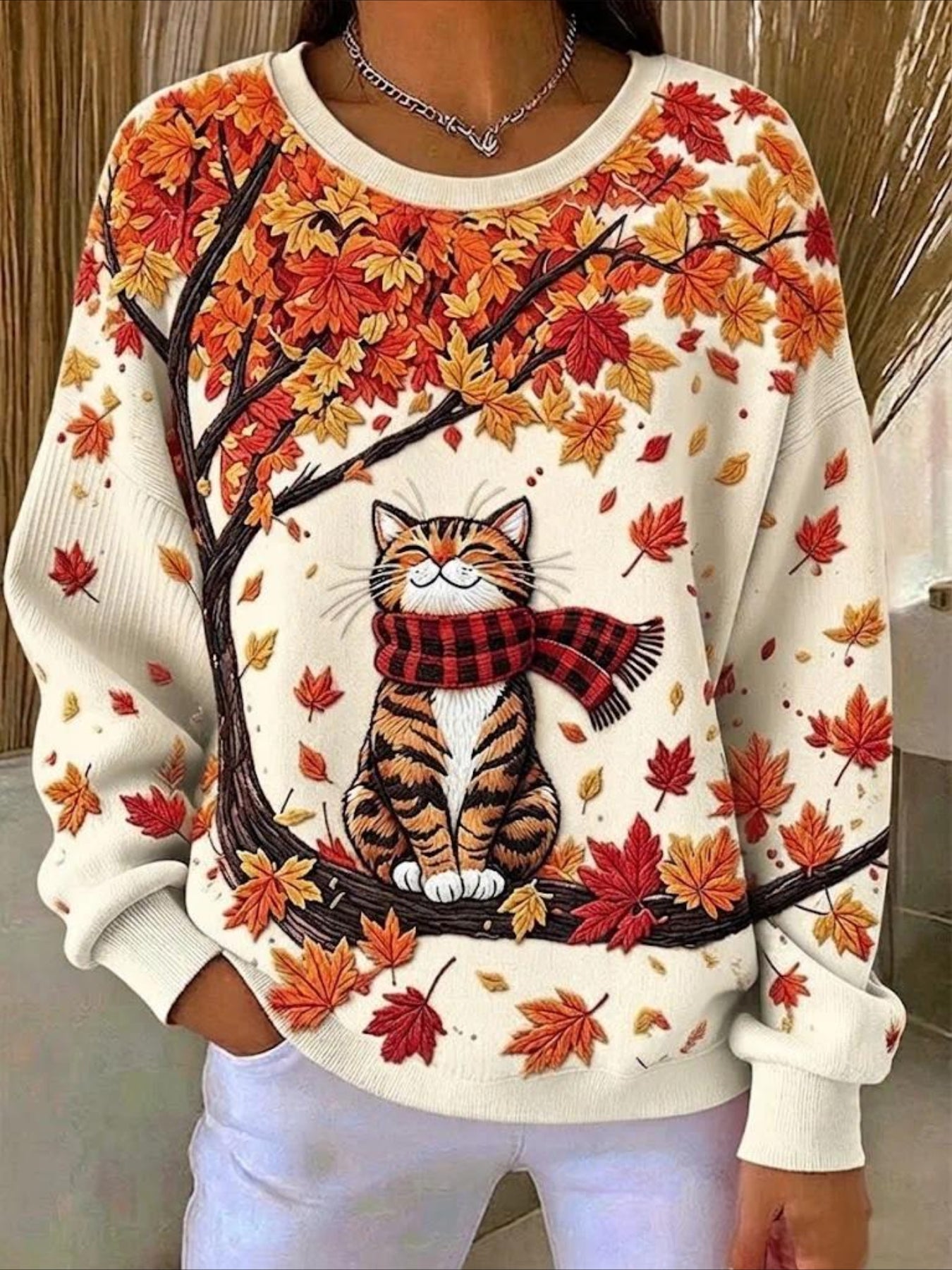 Maple Leaf Printing Crew Neck Floral Long Sleeve Comfy Casual Sweater Tee