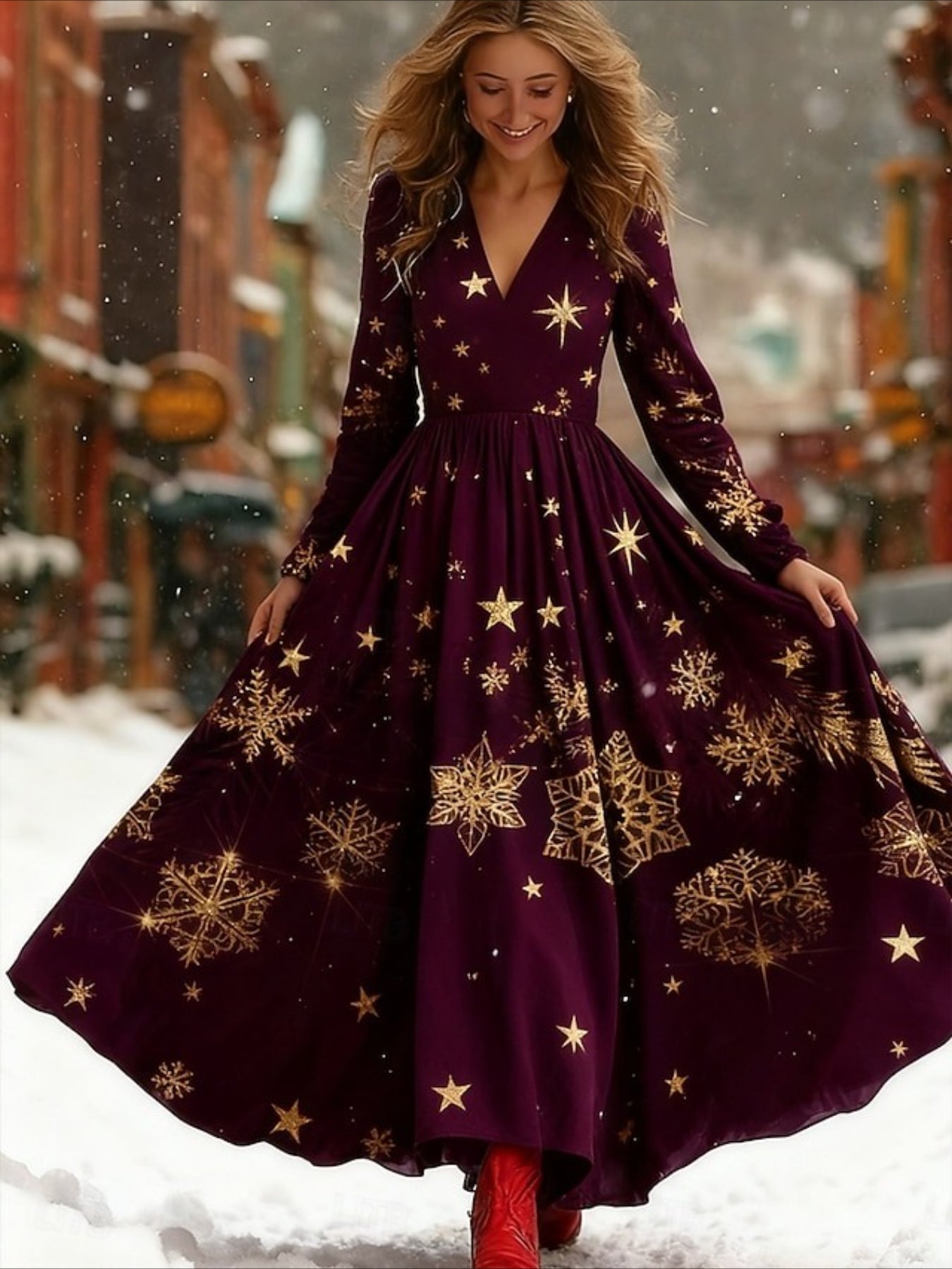 Christmas Pleated Party Long Sleeve V Neck Maxi Dress