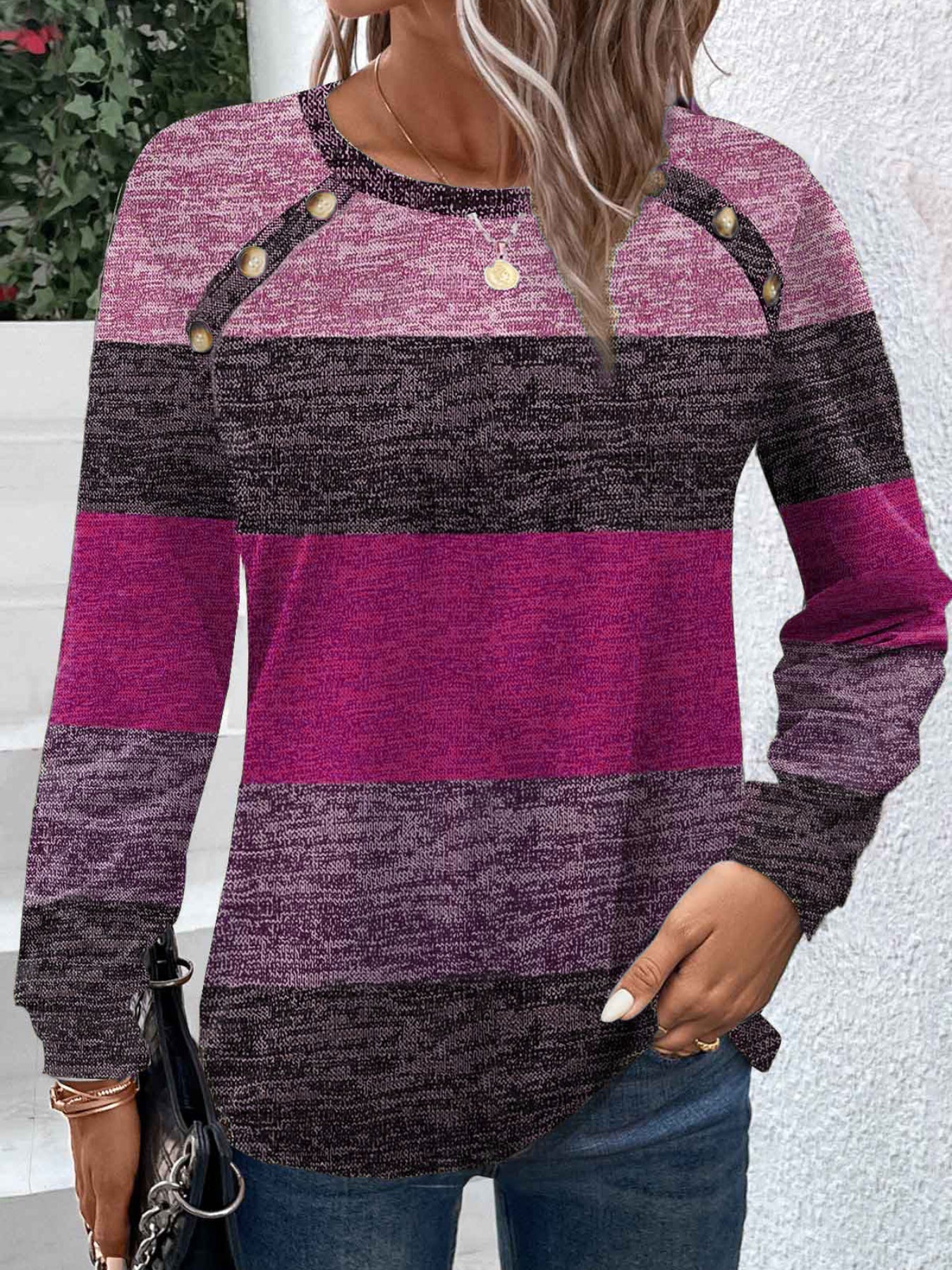 Colorblock Stripe Print Crew Neck T-Shirt, Casual Long Sleeve Top