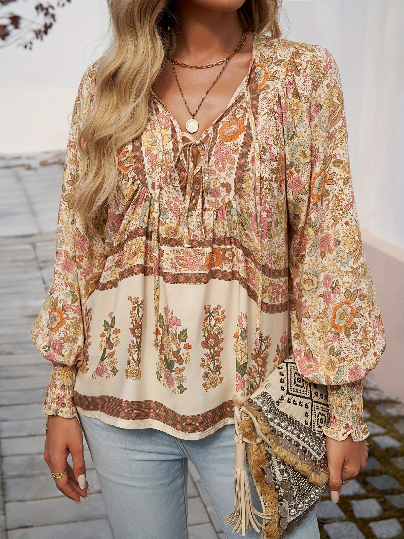 Drawstring Long Sleeve Casual Floral Print V Neck Blouse